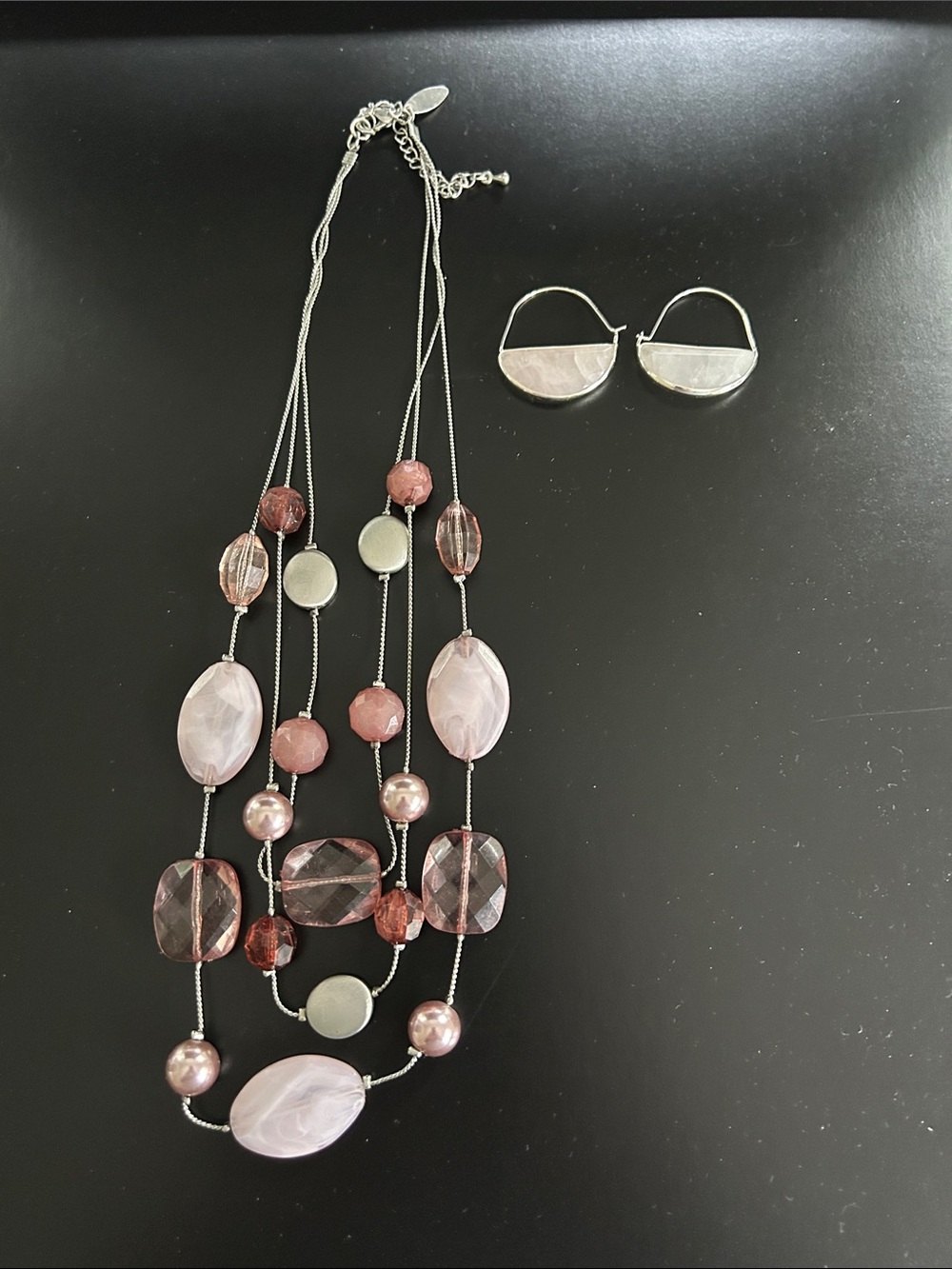 Women’s Multi-Strand Pink Bead Necklace with Silver Hoop Earrings